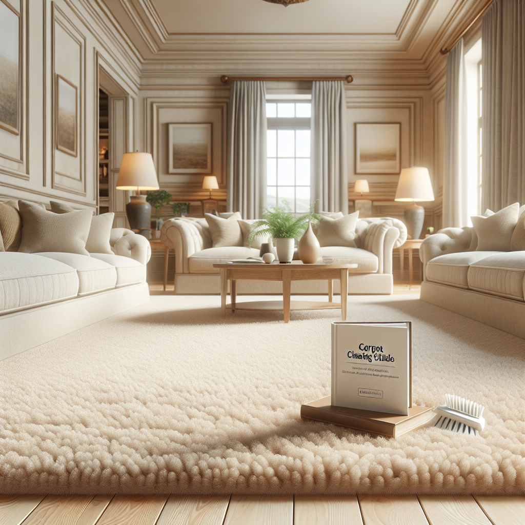 A realistic elegant living room with plush cream Shaw carpet and a Shaw Carpet Cleaning Guide on the coffee table.