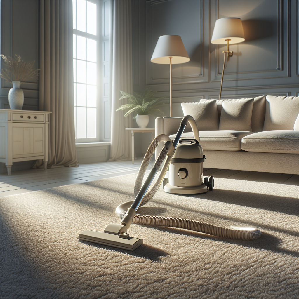 Plush beige Shaw carpet in a pristine condition as part of a cozy living room, lit by soft daylight, with an elegant vacuum cleaner suggesting regular maintenance.