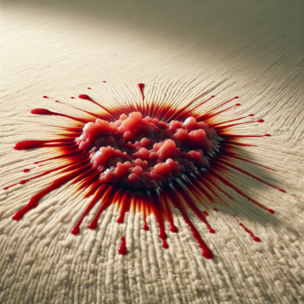 Realistic close-up of a coagulated blood stain on a light beige carpet, emphasizing the fibers and the urgency of cleaning.