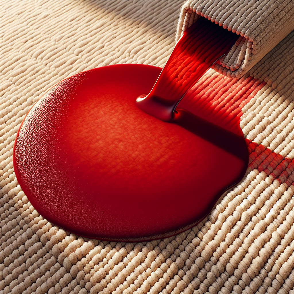 Realistic portrayal of fresh blood spilled on a section of a beige carpet, with emphasis on the interaction between the blood and the carpet fibers.