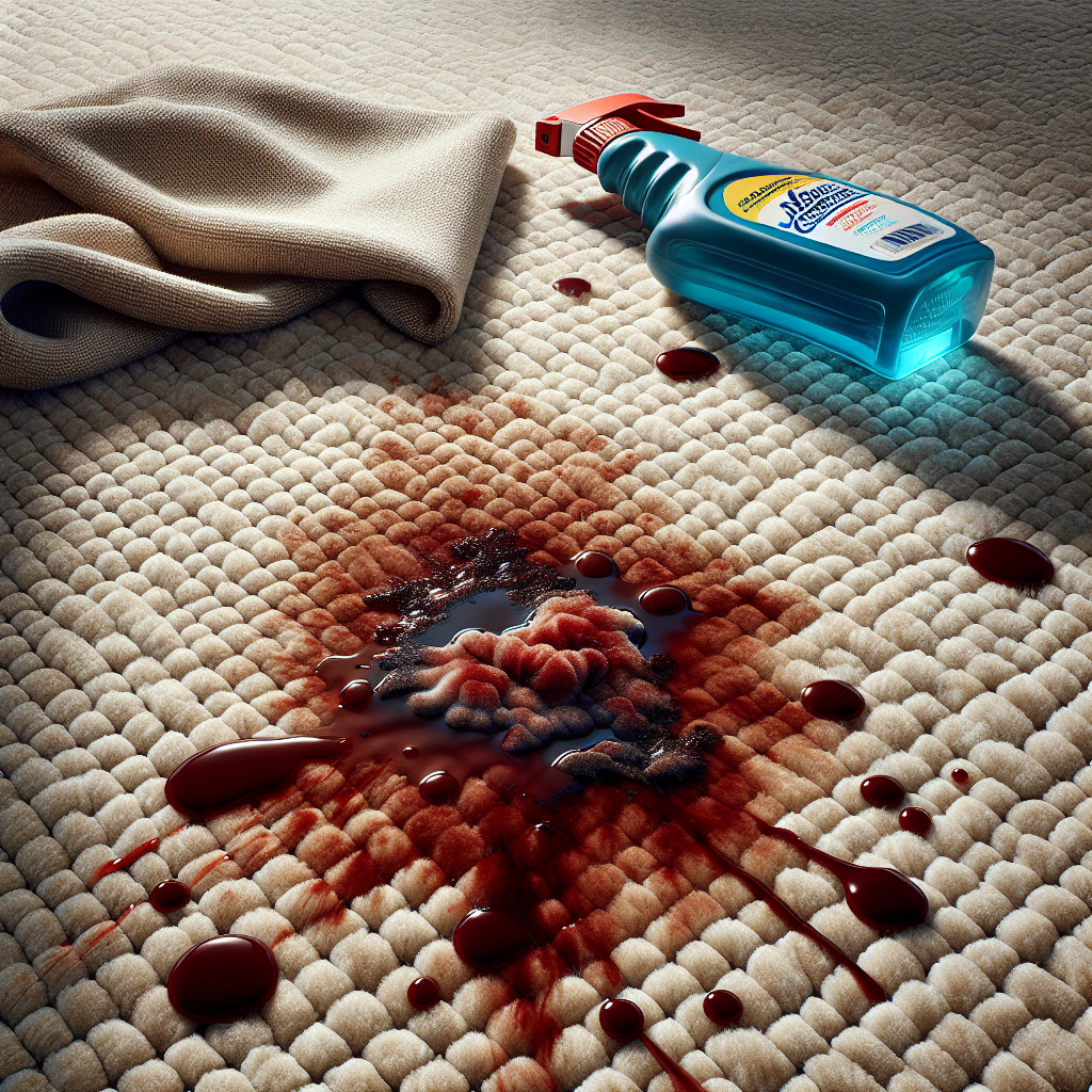 Close-up image of a coagulated blood stain on a beige carpet, next to a bottle of enzymatic cleaner and a soft cloth with no text or logos.