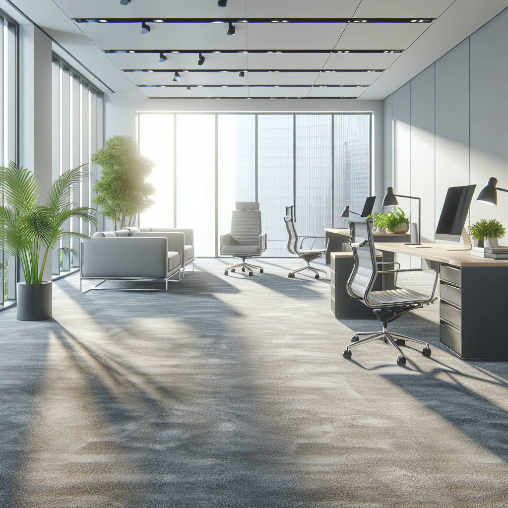 Freshly cleaned office carpet with modern furnishings in a brightly lit room.