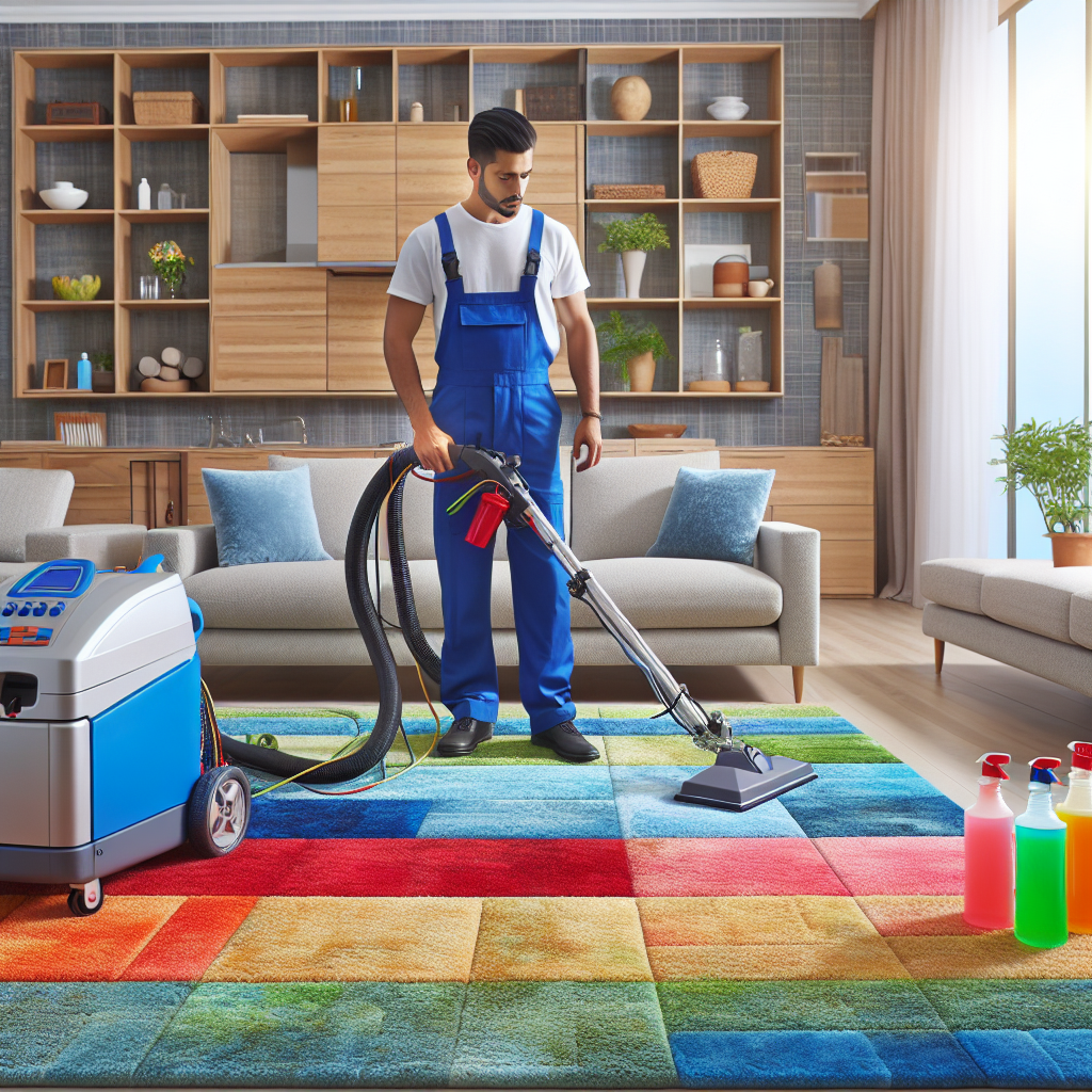 A living room with a professional carpet cleaning service being performed by a technician in a blue uniform.