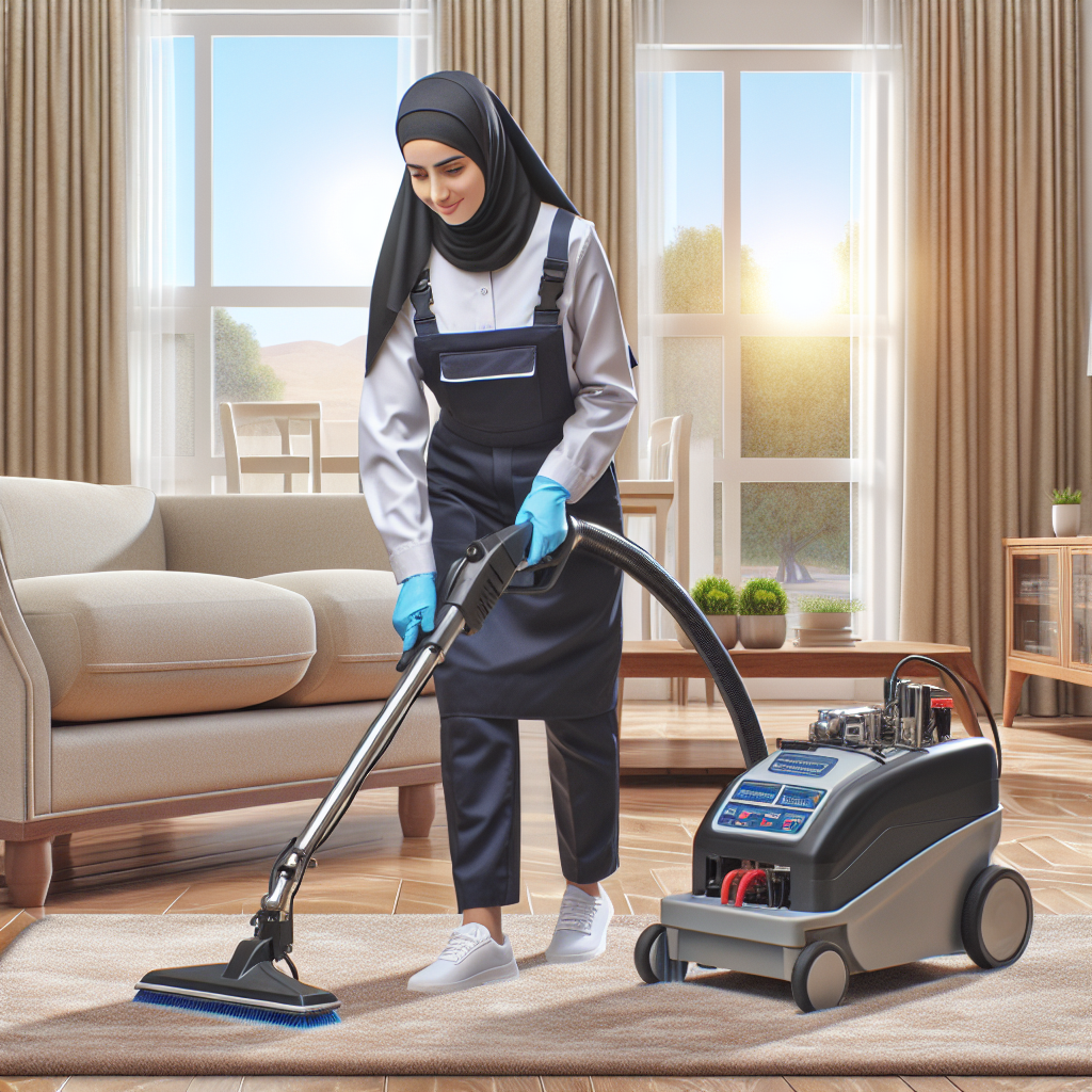 A professional carpet cleaner using advanced equipment on a carpet in a bright living room, ensuring cleanliness and safety.