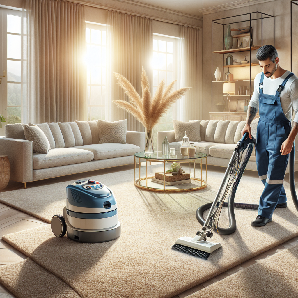 A professional carpet cleaner in a modern living room, using a high-tech machine on a plush beige carpet.