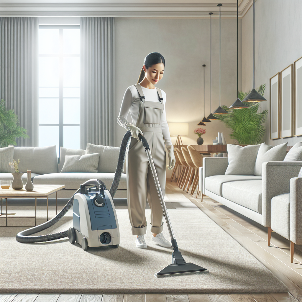 A professional carpet cleaner using modern equipment in a contemporary living room, showcasing clean, fresh carpet.