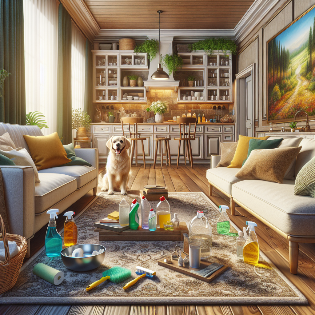 A clean, fresh living room with household cleaning items like vinegar, baking soda, and essential oils, showcasing a pet-friendly and welcoming space.