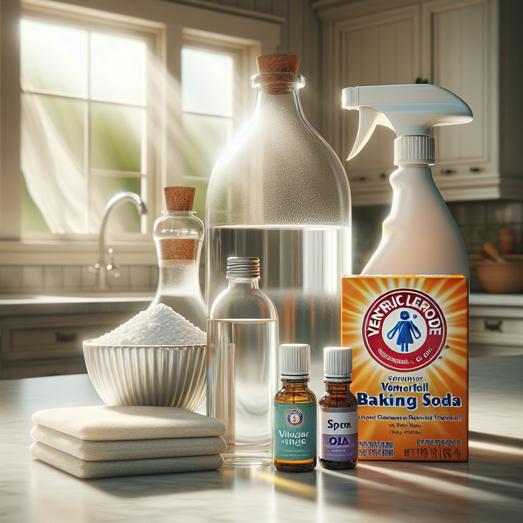 A realistic scene displaying various odor elimination items, including vinegar, baking soda, essential oils, and a commercial spray cleaner on a kitchen countertop.