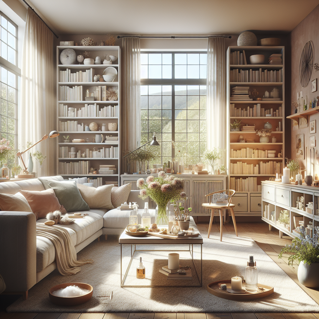 A tidy living room with natural light, featuring household items for odor elimination.