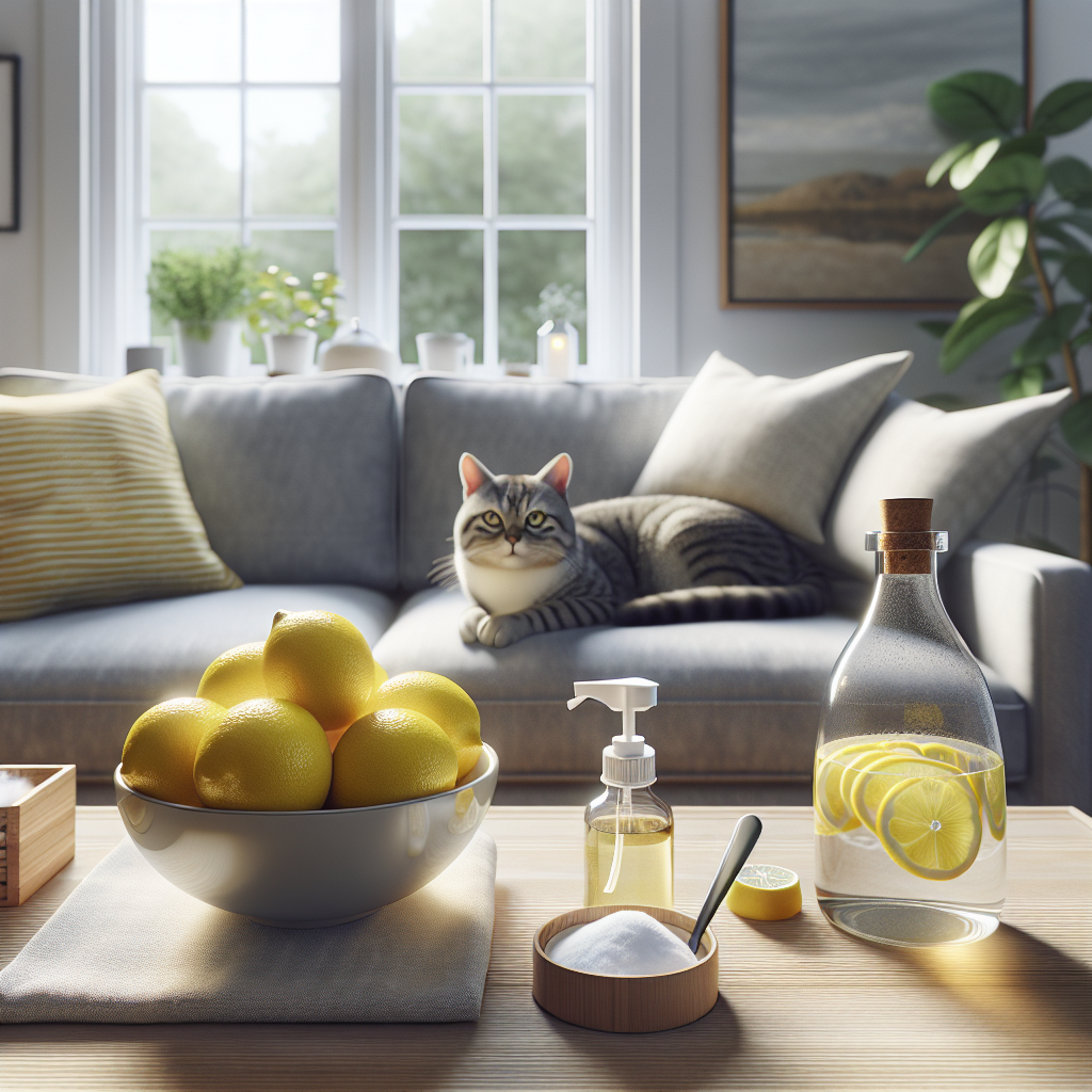 A realistic depiction of a clean living room environment with items like lemons, vinegar, baking soda, and an essential oil diffuser, along with a relaxed cat on a sofa.