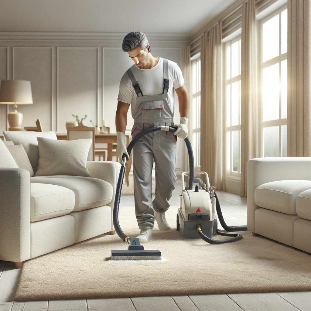 Professional carpet cleaning in a bright living room with cream-colored carpet and visible high-traffic areas being cleaned by a worker using a modern cleaning machine.