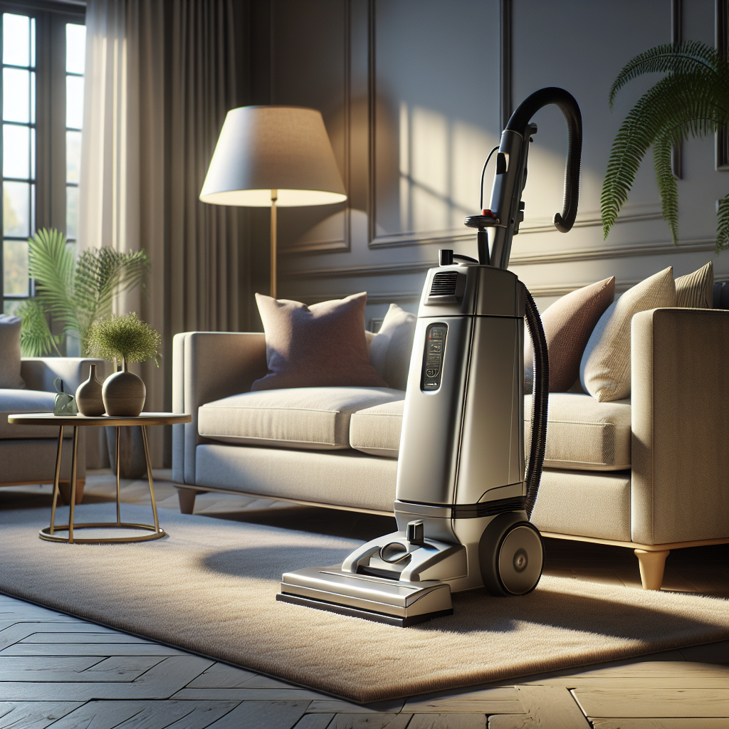 A professional carpet cleaner in a well-furnished living room with a plush beige carpet and natural daylight.