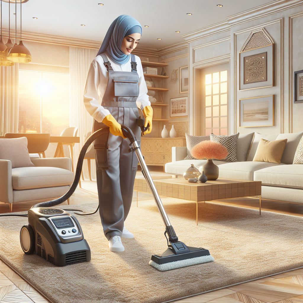 A professional carpet cleaner working in a cozy living room with modern furniture and a plush carpet.