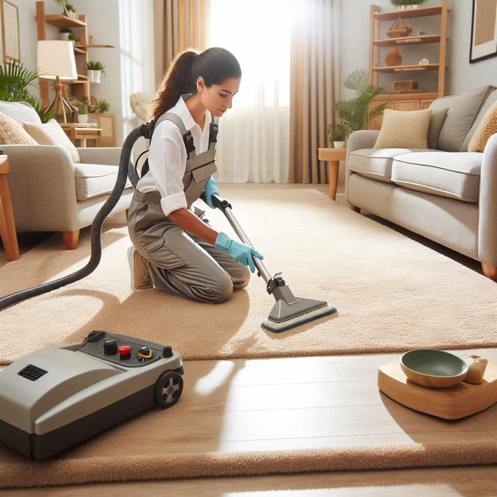 Professional carpet cleaning in a cozy, well-lit living room.