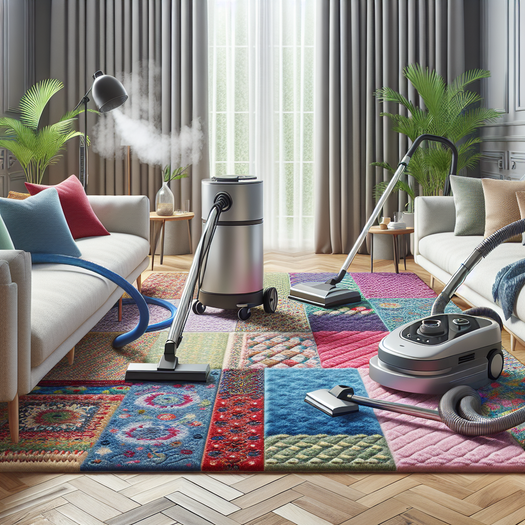 Different carpet cleaning systems in action in a modern living room.