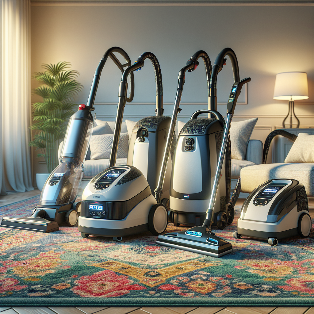 Various carpet cleaning systems in a home setting, including a steam cleaner, a dry cleaning machine, and a vacuum cleaner around a clean, plush carpet.