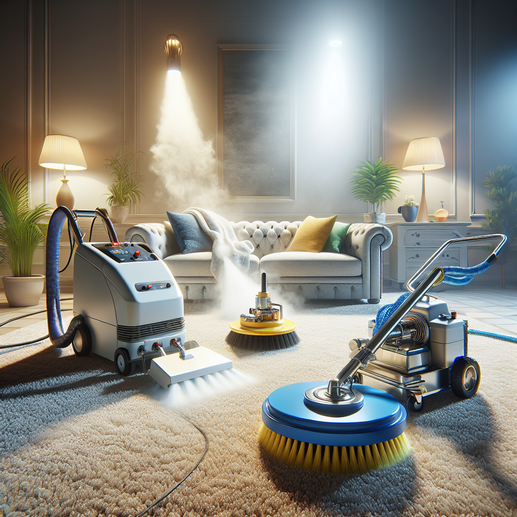 Different carpet cleaning methods including steam cleaning, rotary brush scrubbing, and dry cleaning applicator treating a carpet in a living room.