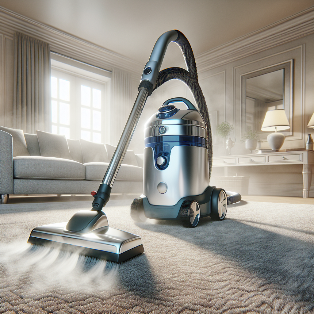 A professional steam carpet cleaning system in action in a clean, well-furnished living room.