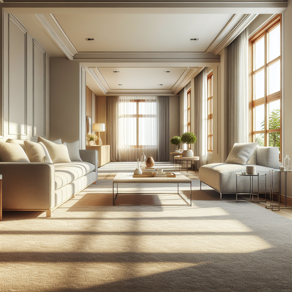 A cozy living room with freshly cleaned beige carpets and modern furniture.