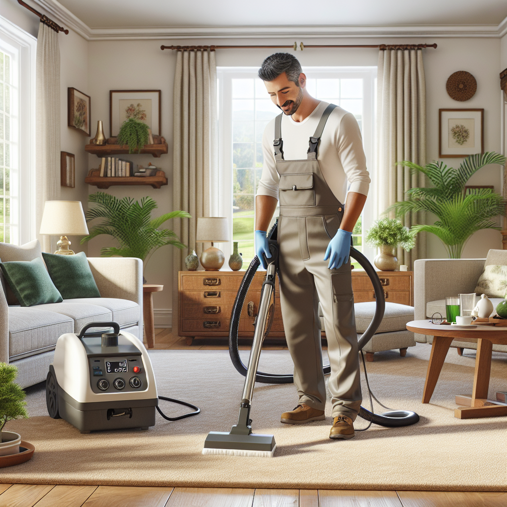 Carpet cleaning technician working in a bright, cozy living room using modern equipment.