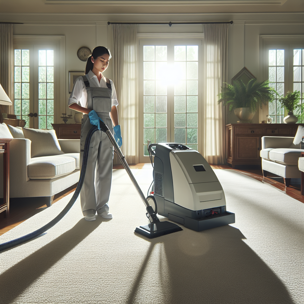 Professional carpet cleaning service in action with a technician using modern equipment on a carpet in a cozy, well-lit living room.