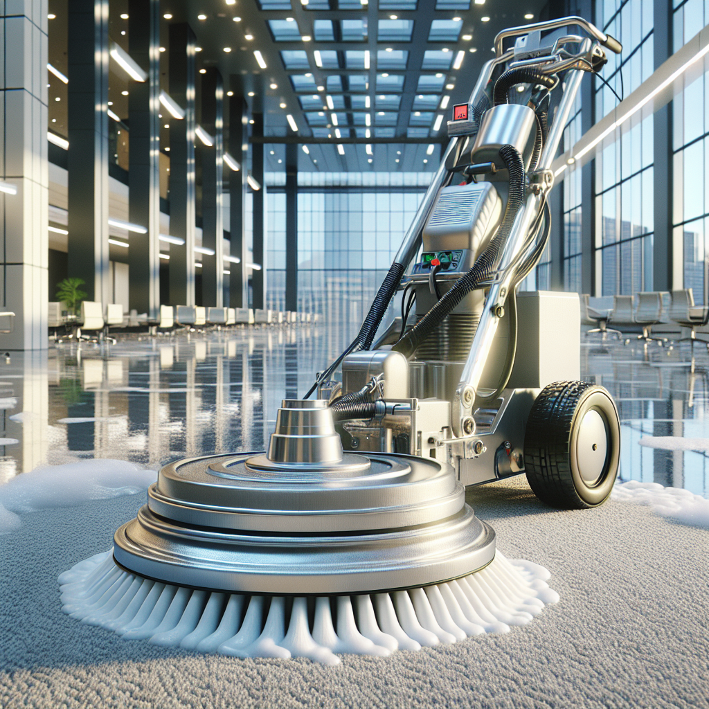 A rotary floor machine cleaning a carpet in a commercial setting using the bonnet method.