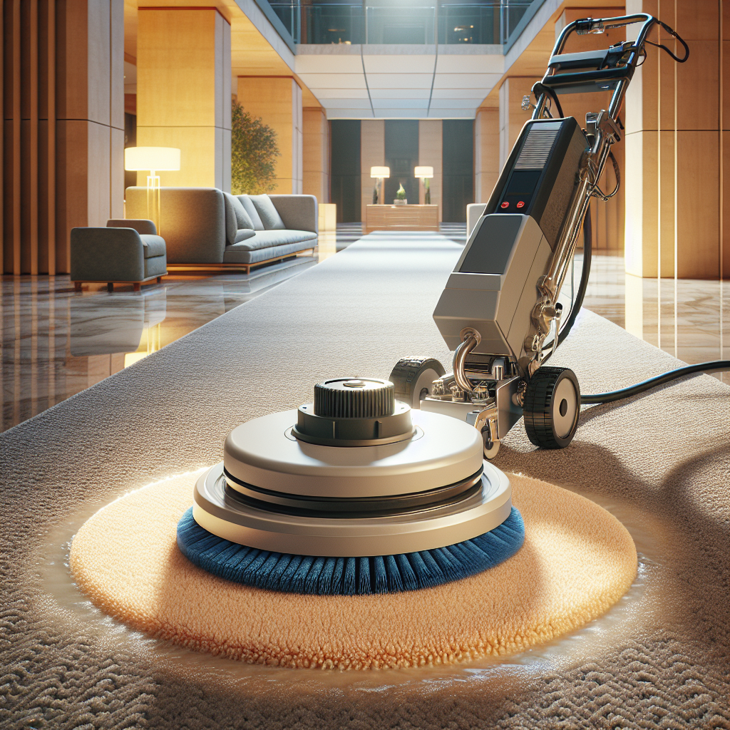 Bonnet carpet cleaning in a commercial setting with a rotary floor machine and a clean carpet.