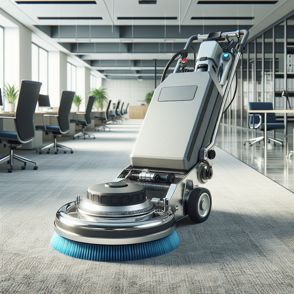 Realistic image of bonnet carpet cleaning with a rotary machine in an office setting.