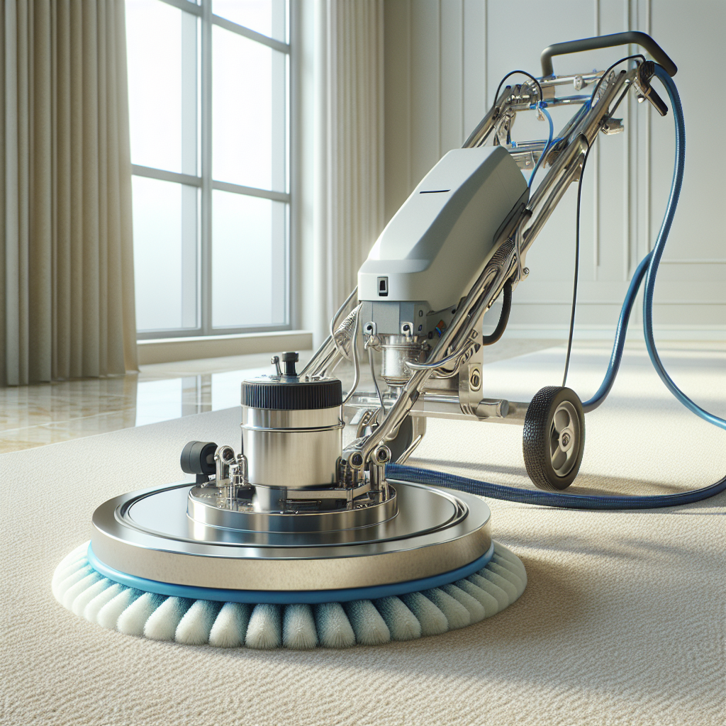 Realistic image showing bonnet carpet cleaning with a rotary floor machine in a commercial setting.