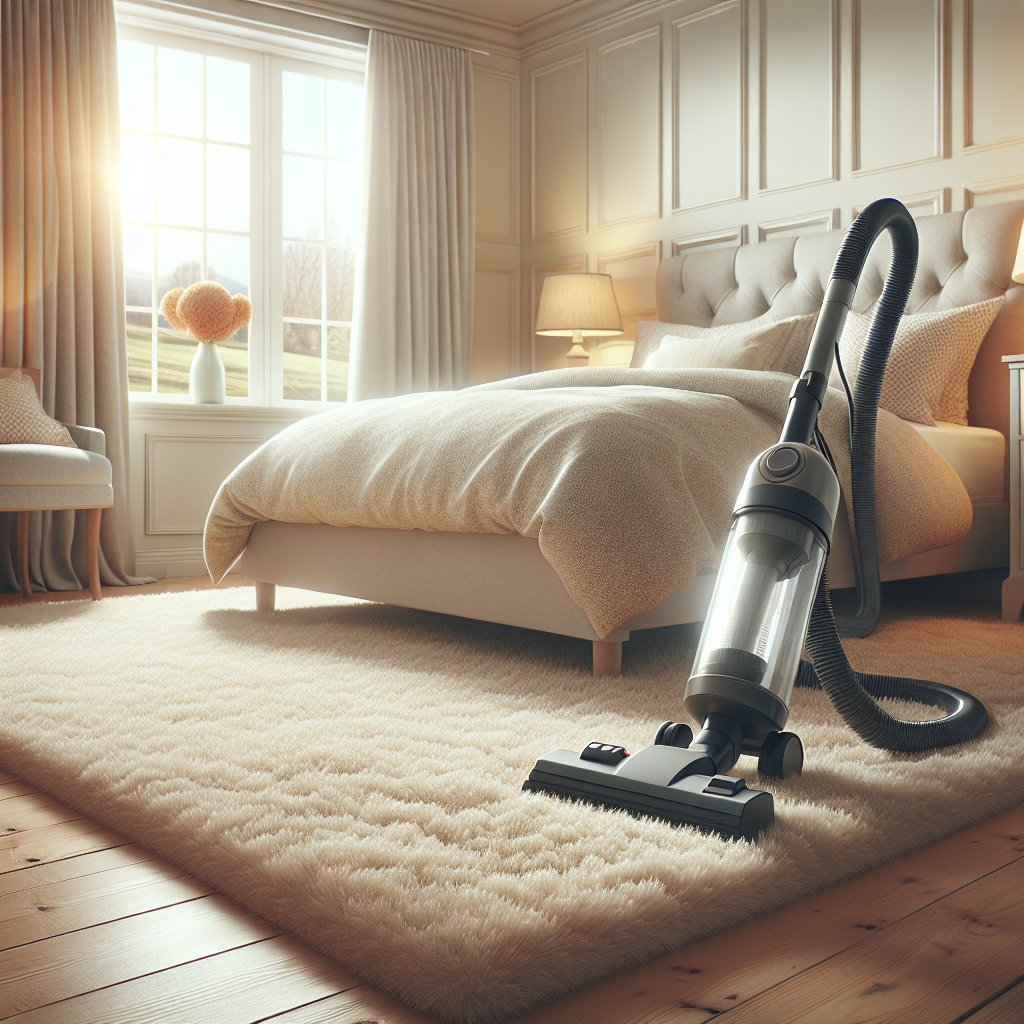 A cozy bedroom with a light-colored plush carpet being cleaned by a vacuum cleaner, highlighting carpet cleanliness.