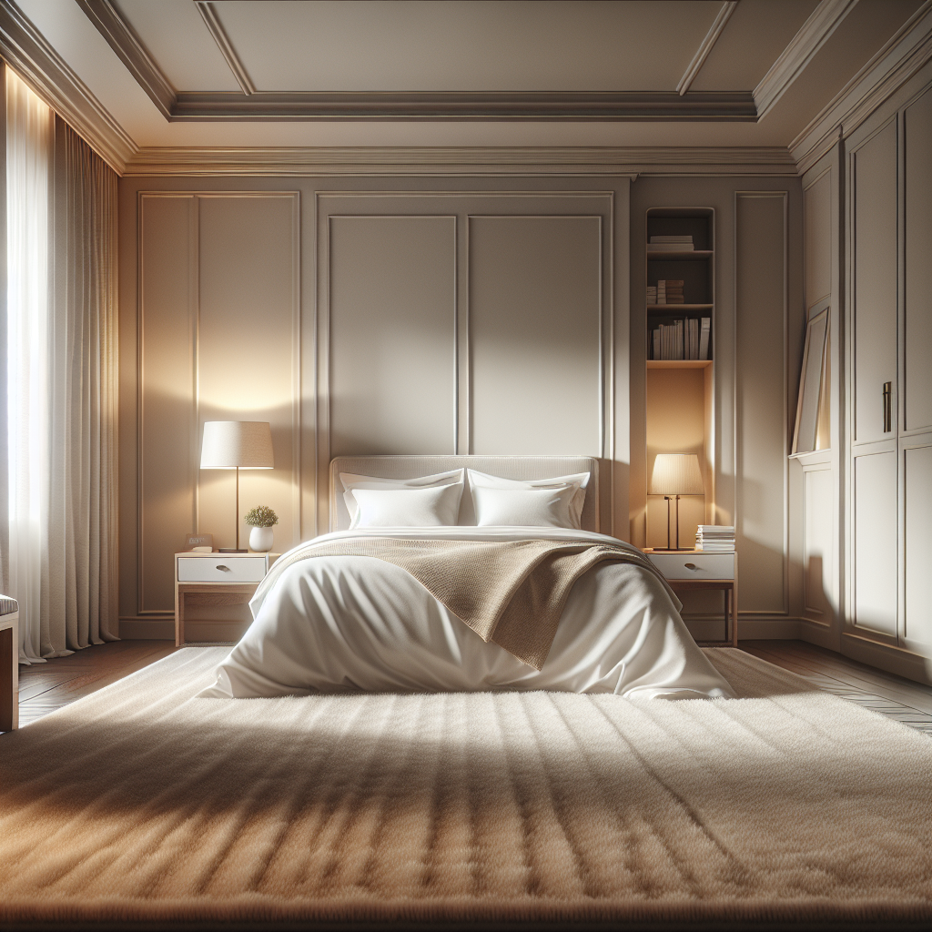 A clean and cozy bedroom with a beige carpet and modern furniture.