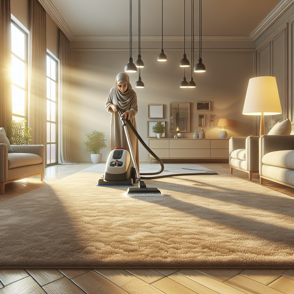 A realistic depiction of a single room carpet being cleaned with a modern carpet cleaning machine.