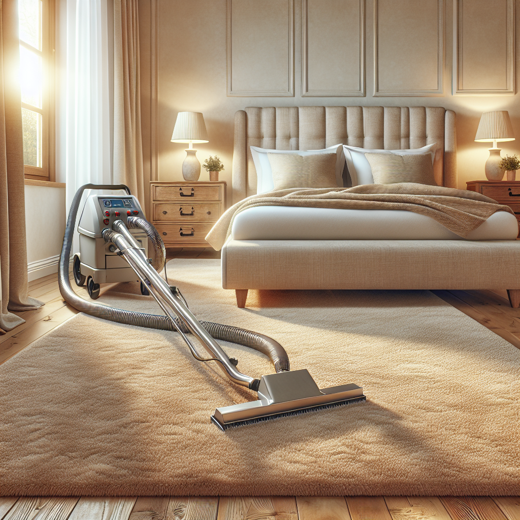 A realistic image of a cozy bedroom with a beige carpet being cleaned by a professional carpet cleaning machine.