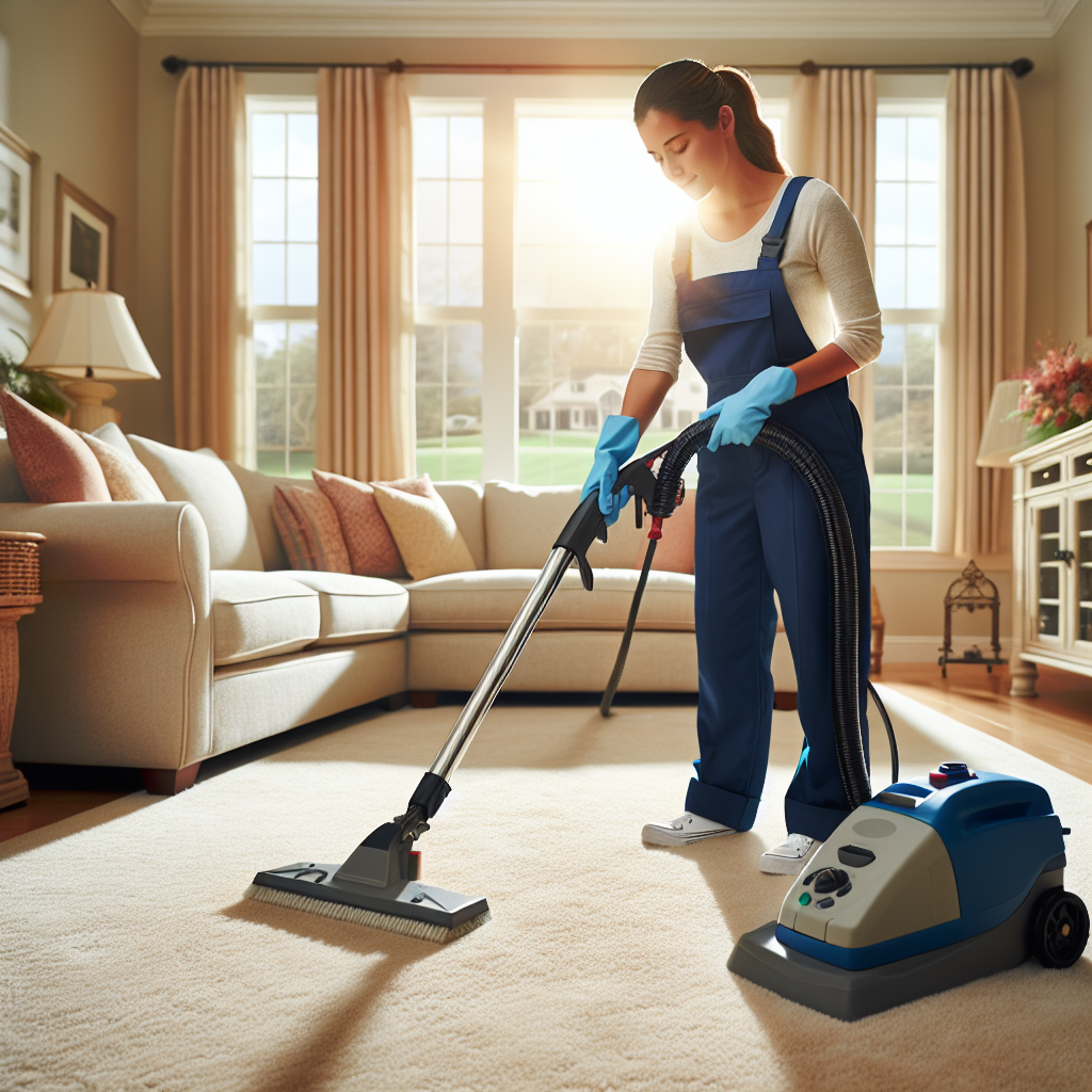 A professional cleaner using advanced equipment to clean a carpet in a sunny Omaha living room.