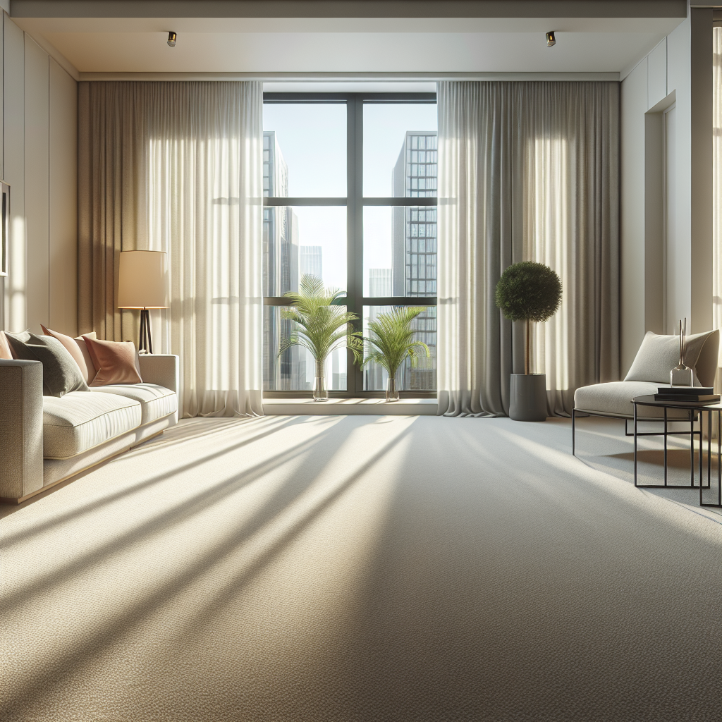 A pristine carpeted living room in an Omaha home with sunlight streaming through the window.