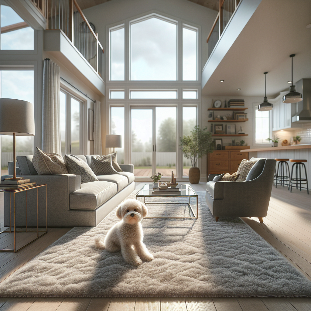 A clean living room in an Omaha home with freshly cleaned carpets and a happy dog sitting on it.