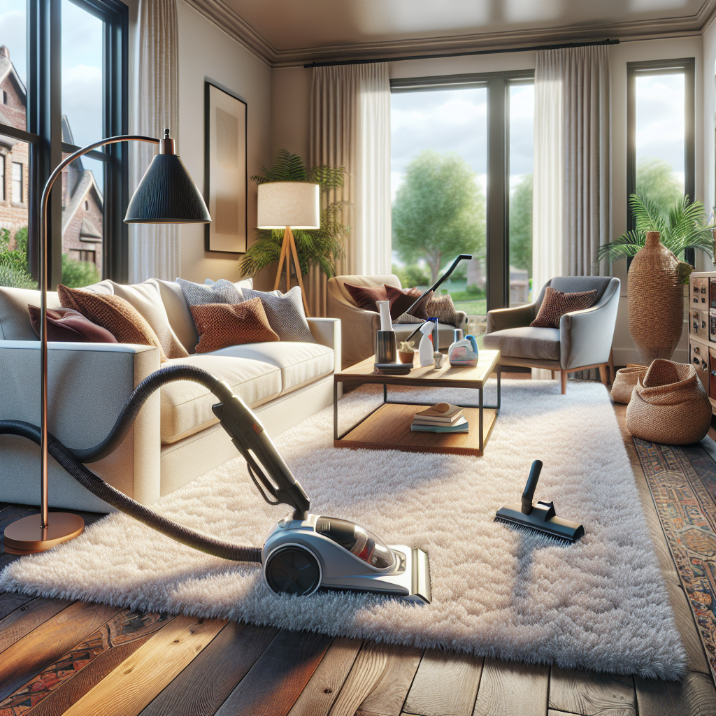 A clean, cozy living room in Omaha with fresh carpets, emphasized by a vacuum cleaner and cleaning products, natural light creating a warm atmosphere.