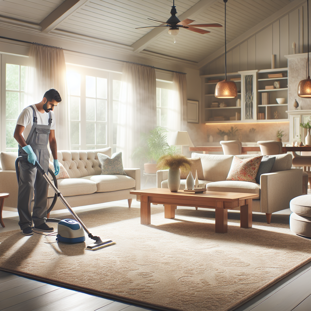 Living room in Omaha with professional carpet cleaning service in progress, clean carpets and furniture, natural lighting.