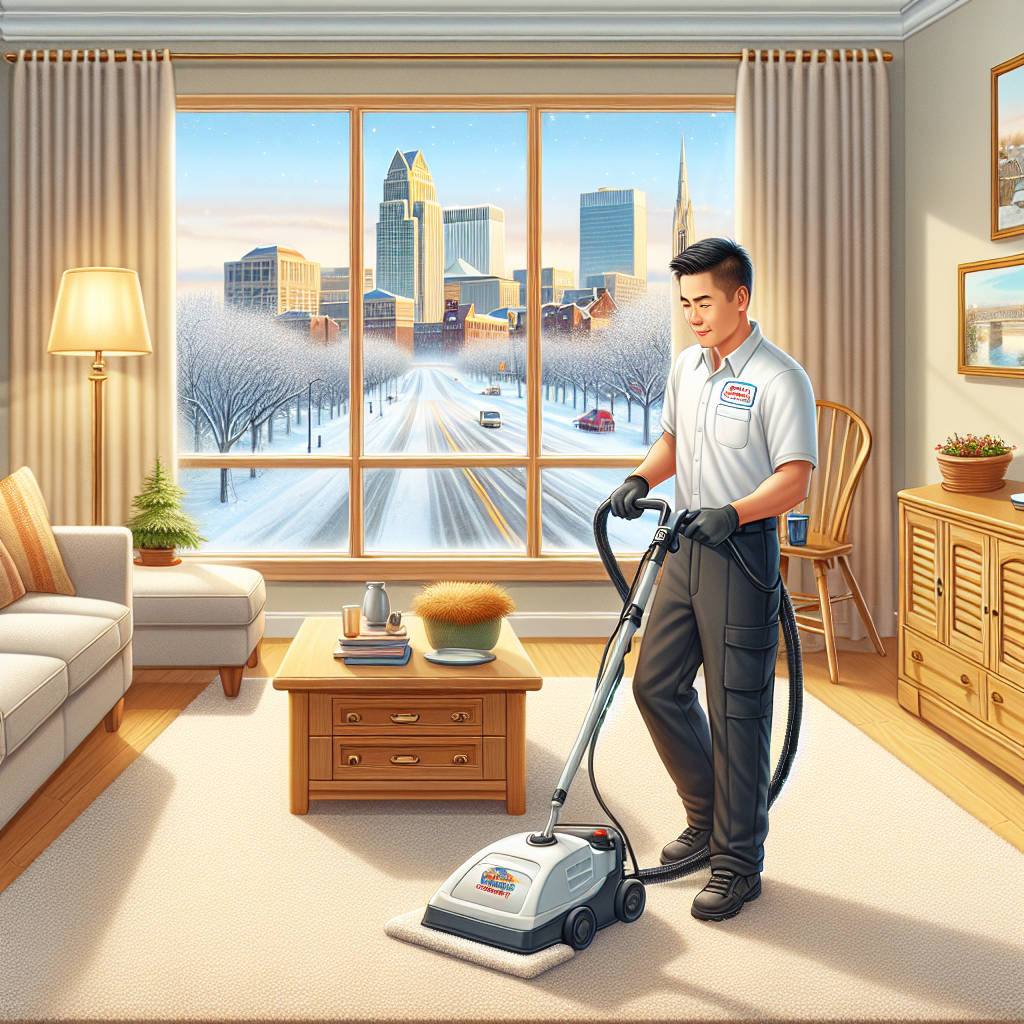 Professional carpet cleaning in a cozy living room with a snowy Omaha view.