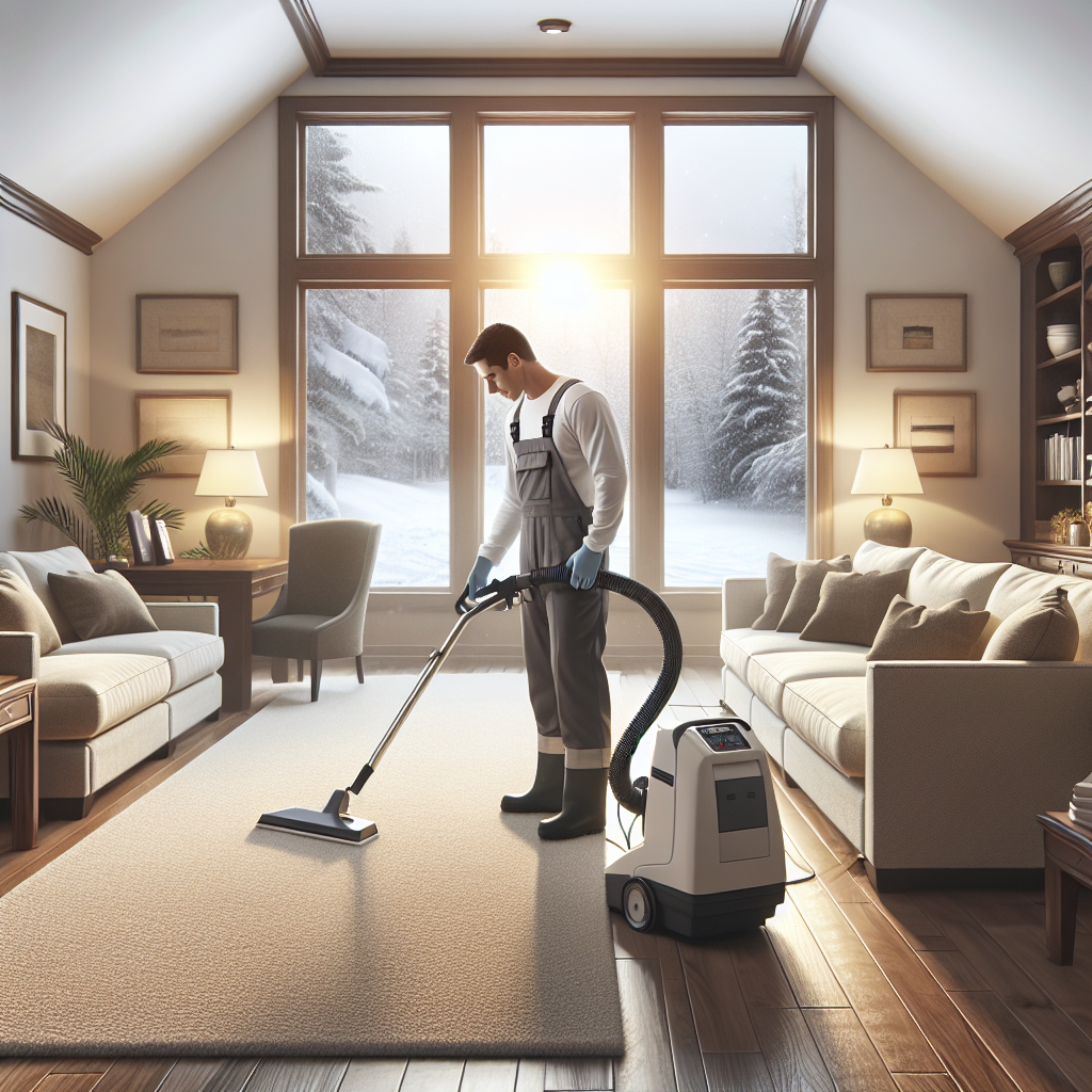 Professional carpet cleaning in a cozy Omaha living room during winter.