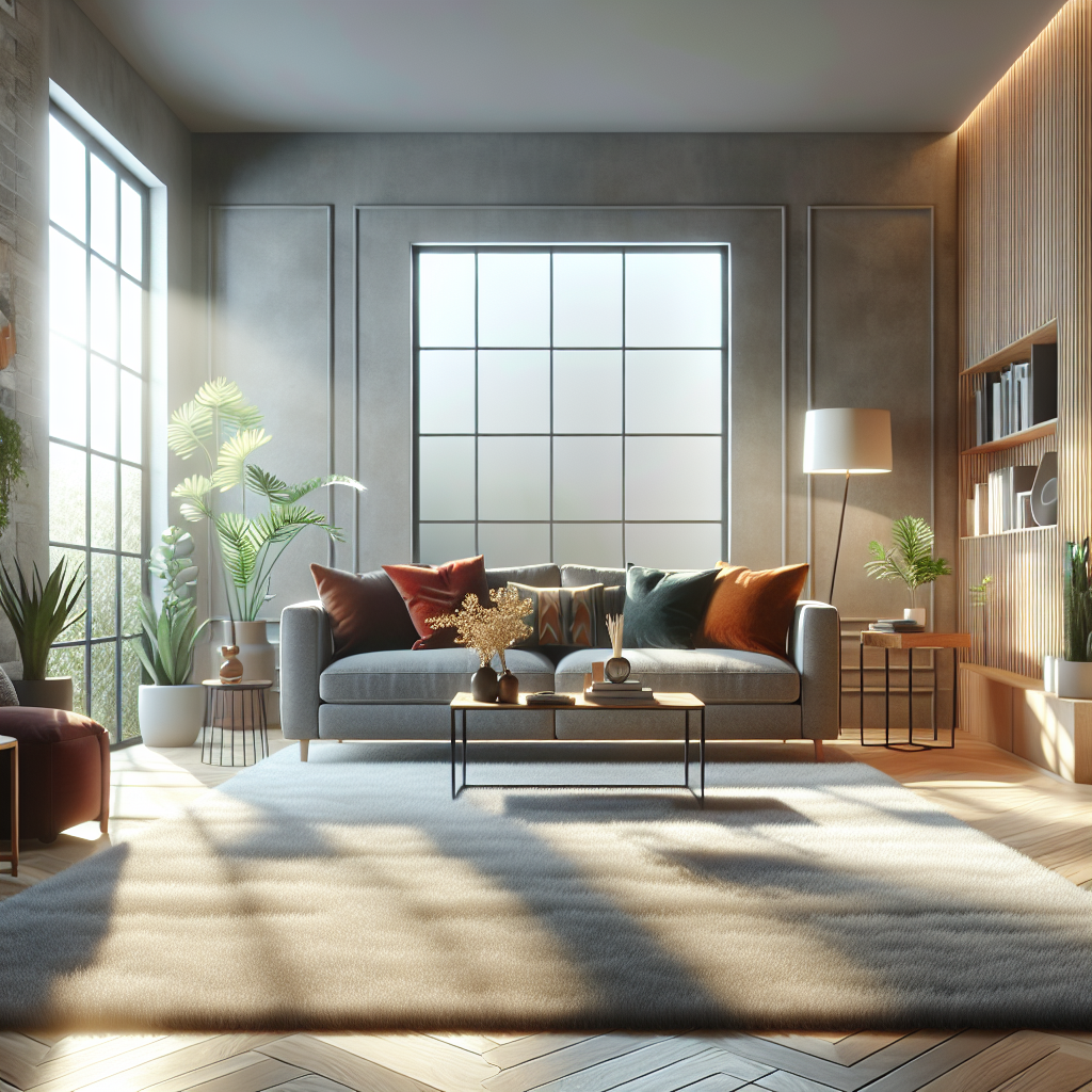 A living room with freshly cleaned beige carpet, modern furniture, and natural lighting from a large window.