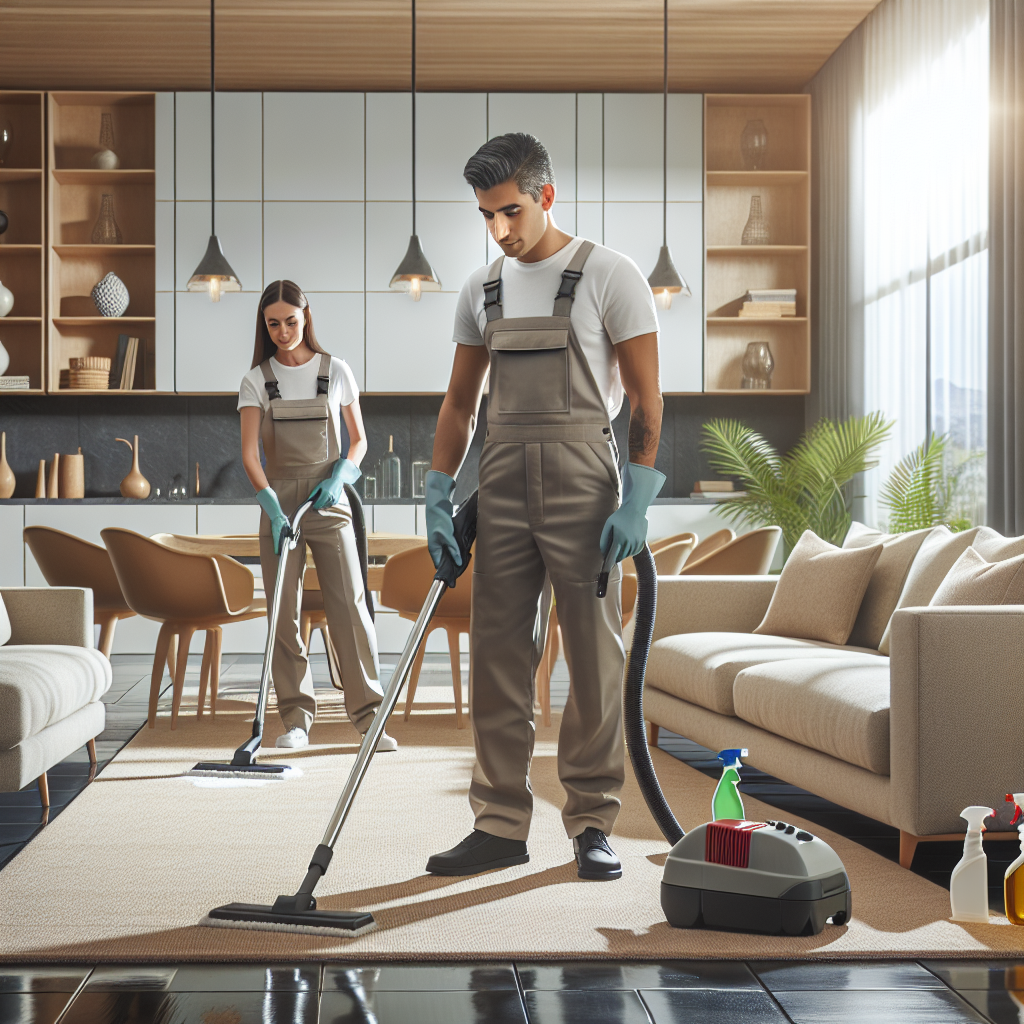 Professional cleaning team working in a modern living room with eco-friendly equipment.