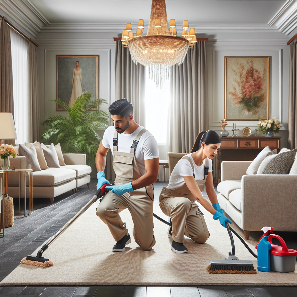 Professional cleaning team from K Cleaning Services Pte. Ltd. working in a luxurious living room.