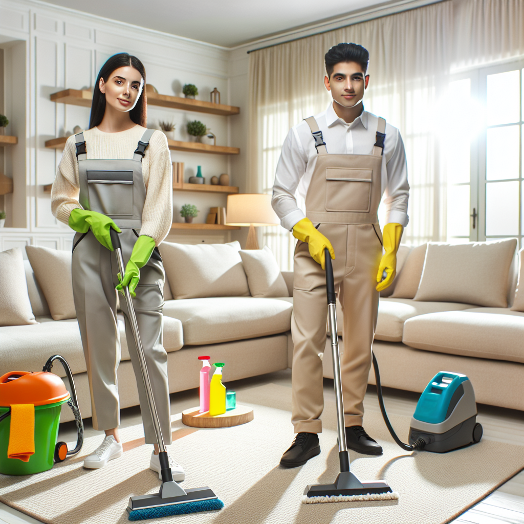 Professional cleaning crew working in a modern living room with state-of-the-art cleaning equipment and eco-friendly products.