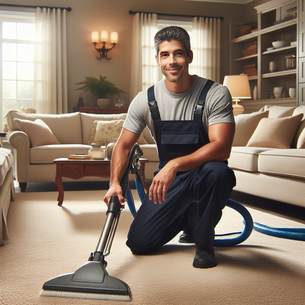 A professional cleaner using a carpet cleaning machine in a cozy Omaha living room.