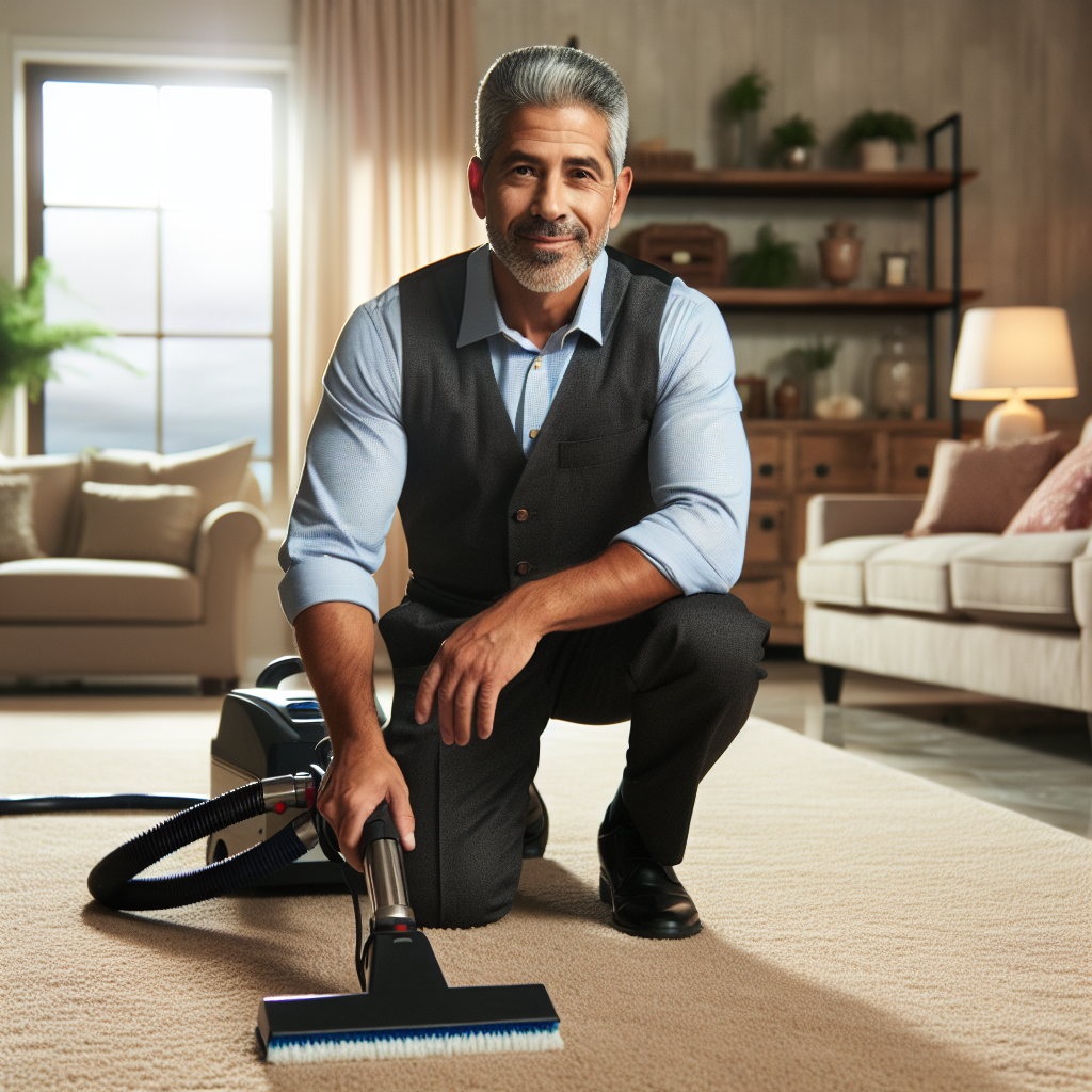 A professional cleaner at work in a cozy Omaha living room, cleaning a beige carpet with modern equipment.