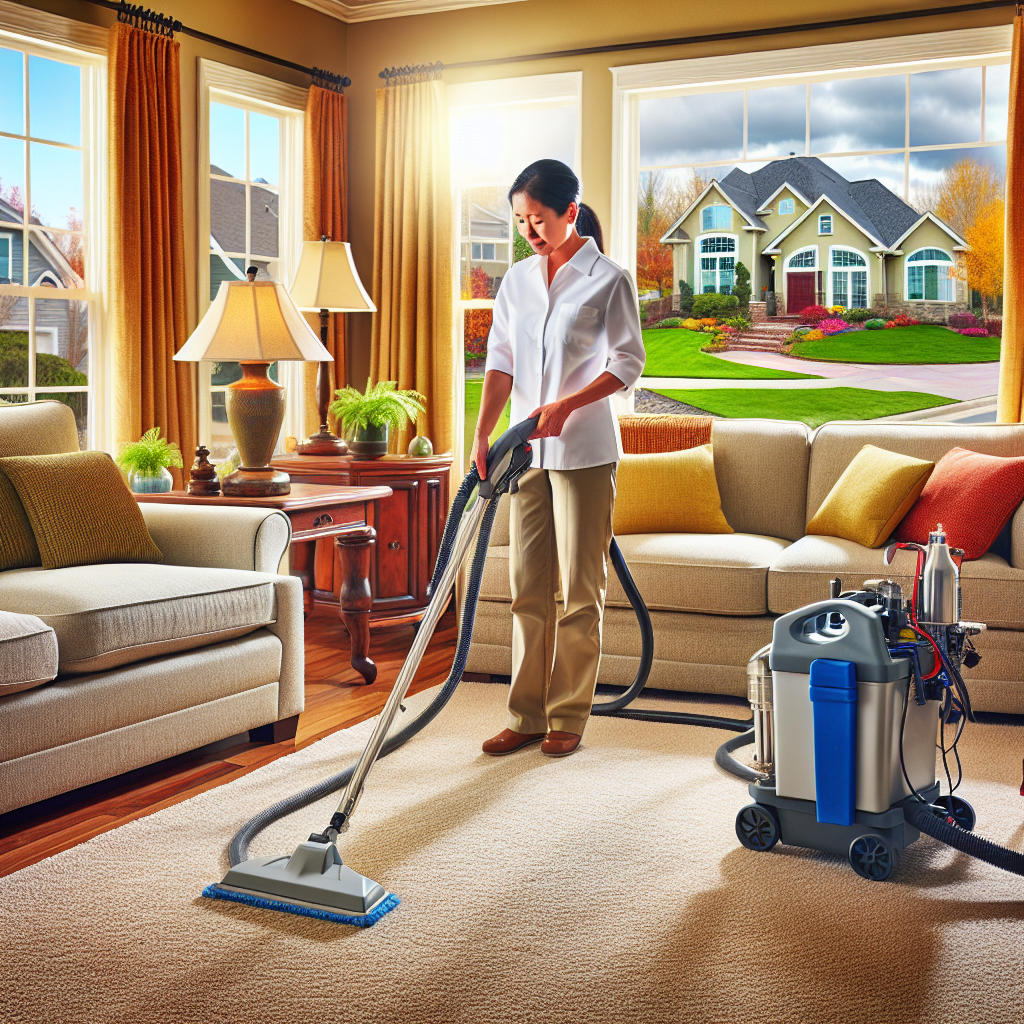 A professional cleaner using modern equipment on a carpet in a cozy Omaha living room.