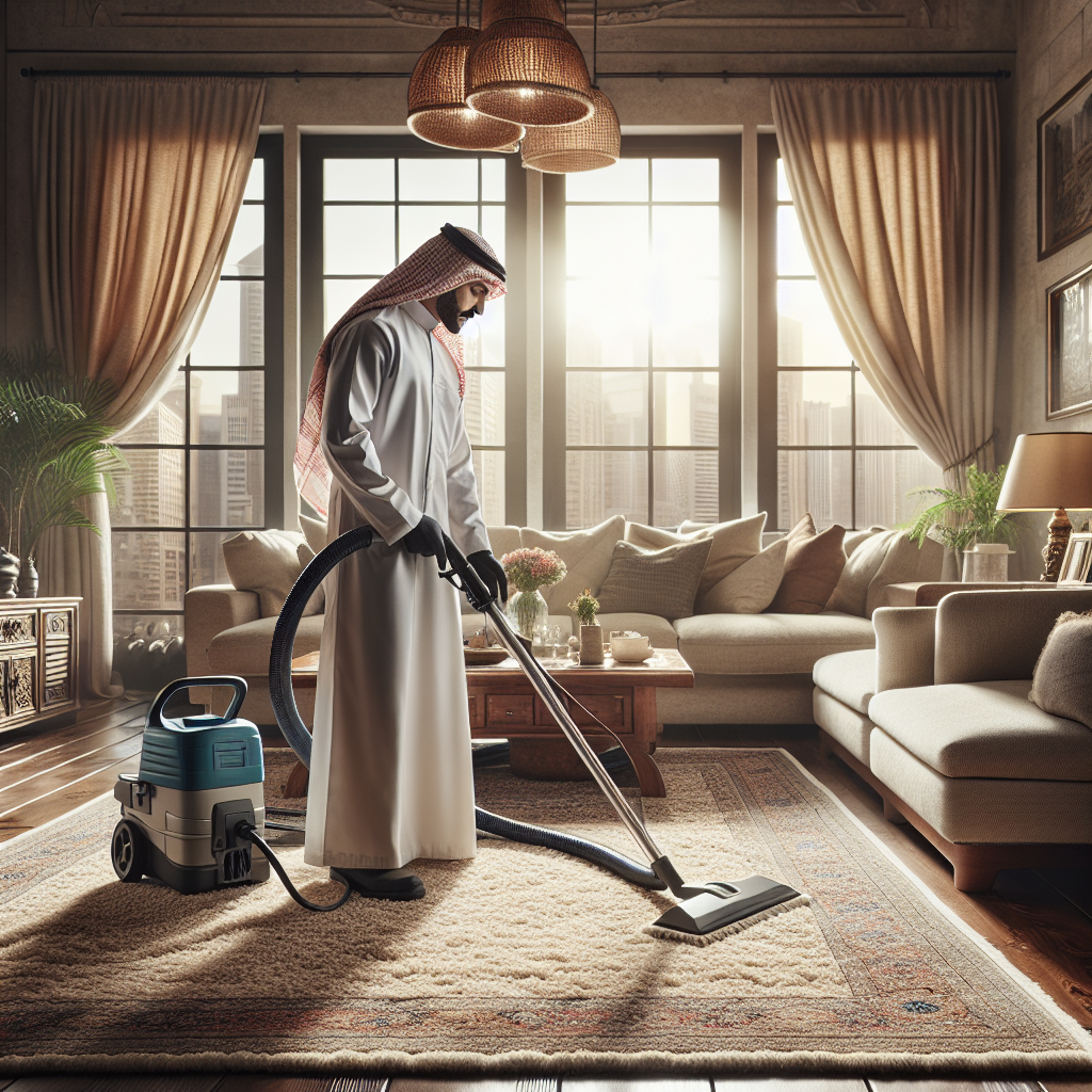 A professional carpet cleaning service in Omaha with a technician cleaning a beige carpet in a cozy living room.