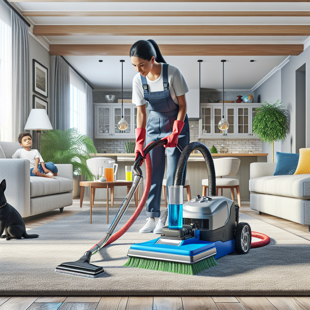 Professional carpet cleaning in a modern living room.