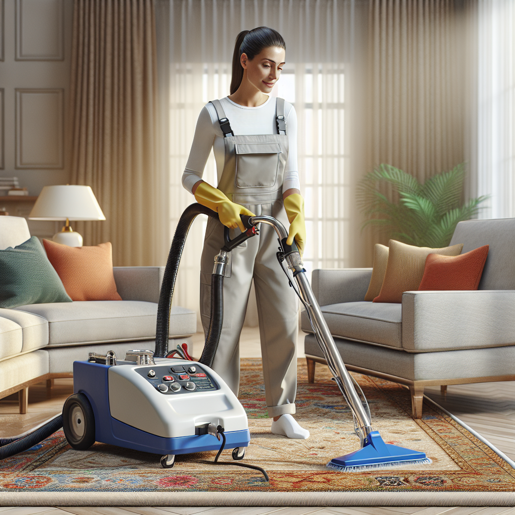 A professional carpet and upholstery cleaning service in progress in a cozy living room.